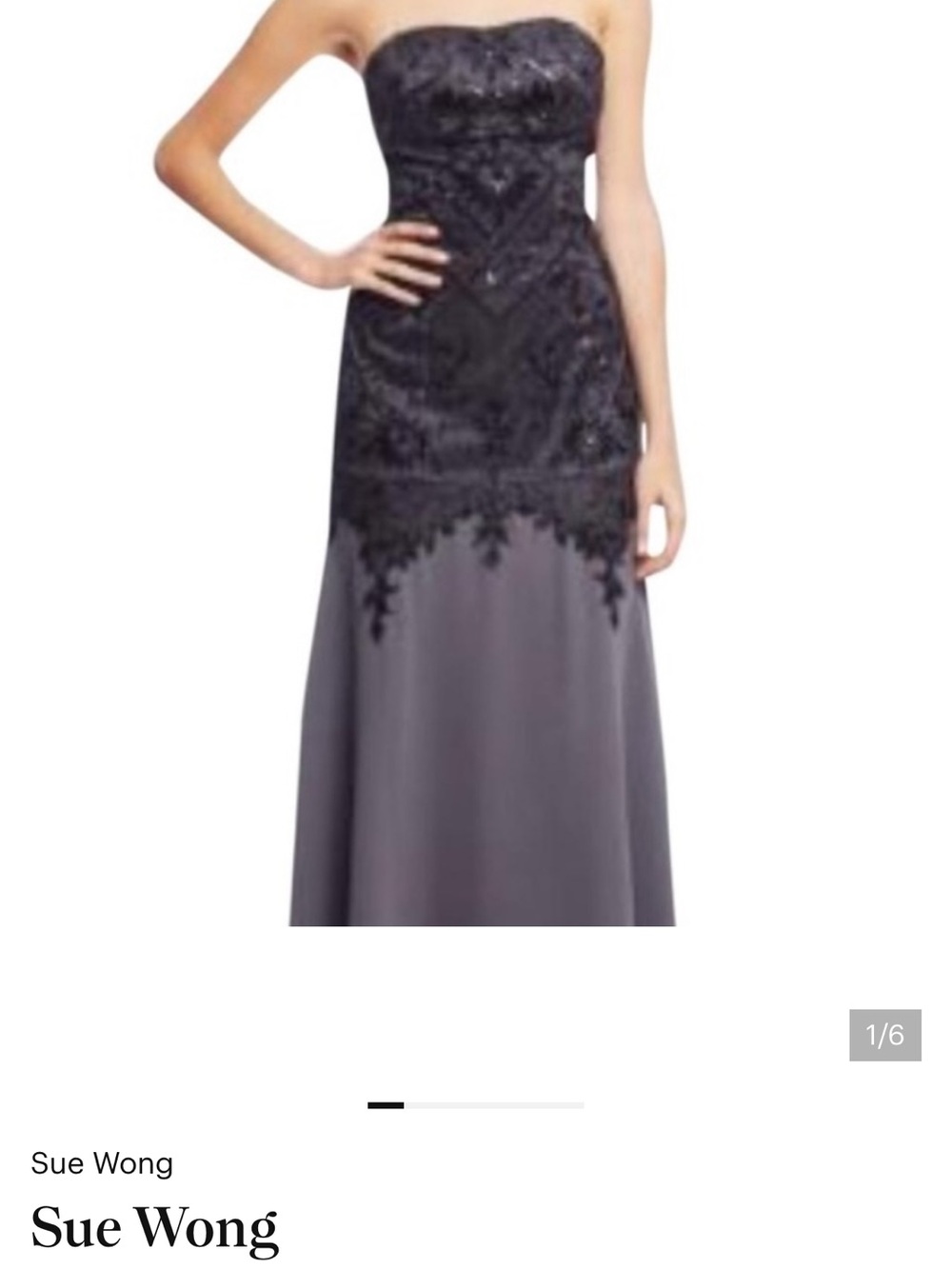 Sue Wong Strapless Lace-Appliqué Evening Gown in Charcoal and Black